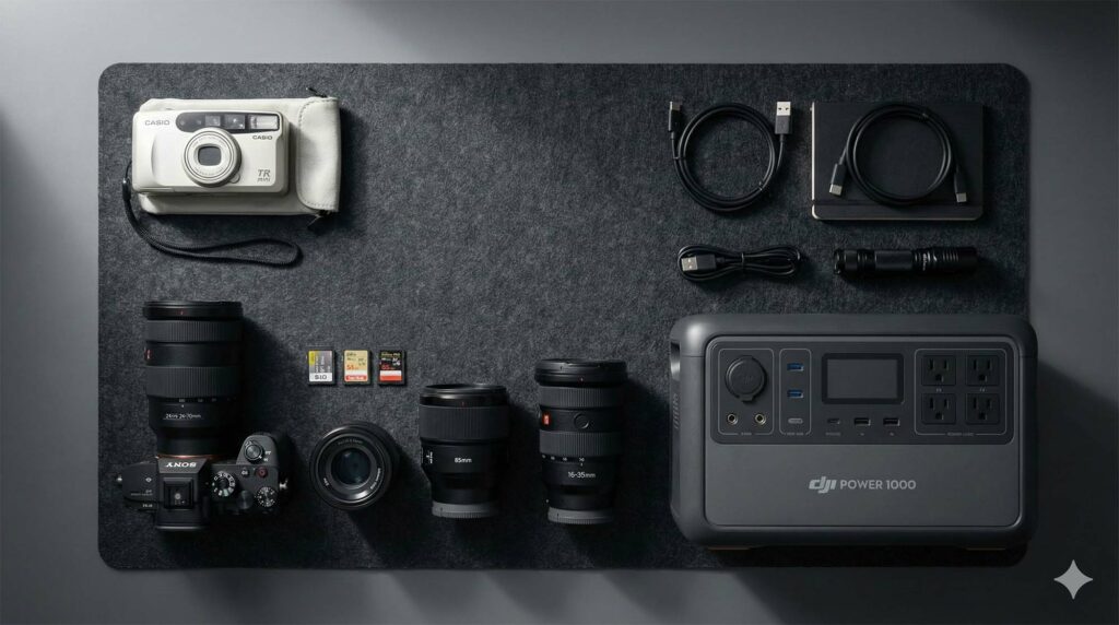 專業攝影桌面上擺放著相機鏡頭、一台舊款 Casio 相機與最新的 DJI Power 1000,象徵新舊器材的交替與收購 (Professional photography desk displaying camera lenses, an old Casio camera, and the latest DJI Power 1000, symbolizing the transition and buyback of old and new gear).