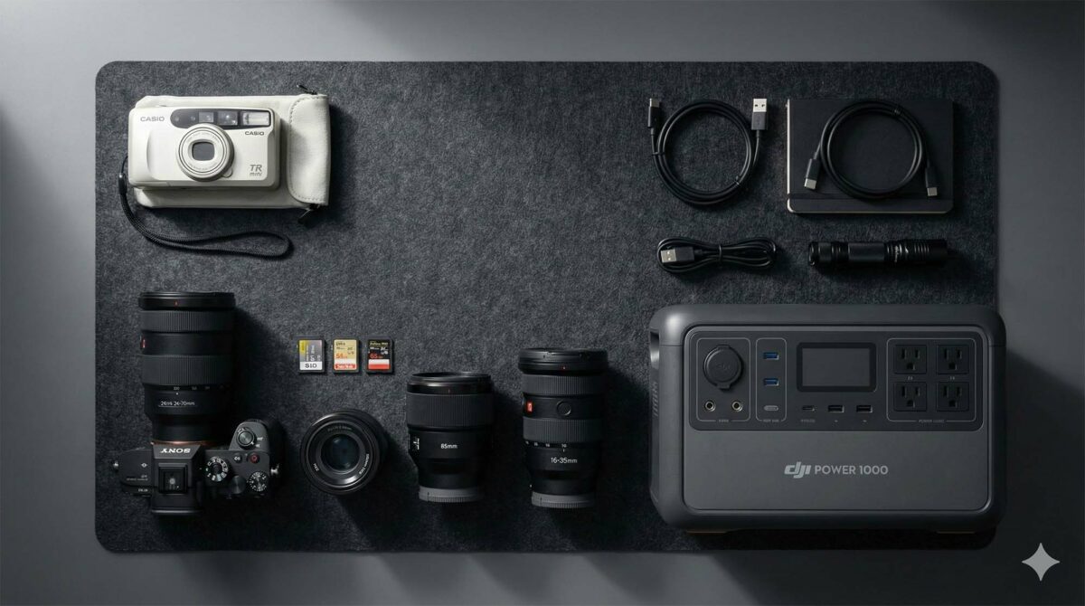 專業攝影桌面上擺放著相機鏡頭、一台舊款 Casio 相機與最新的 DJI Power 1000，象徵新舊器材的交替與收購 (Professional photography desk displaying camera lenses, an old Casio camera, and the latest DJI Power 1000, symbolizing the transition and buyback of old and new gear).
